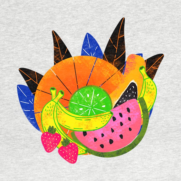 Pink Y2K Summer Aesthetic Wild Exotic Tropical Fruit Smoothie Maximalist Pattern With Mango, Papaya, Watermelon, Banana, Lime And Strawberry by panco